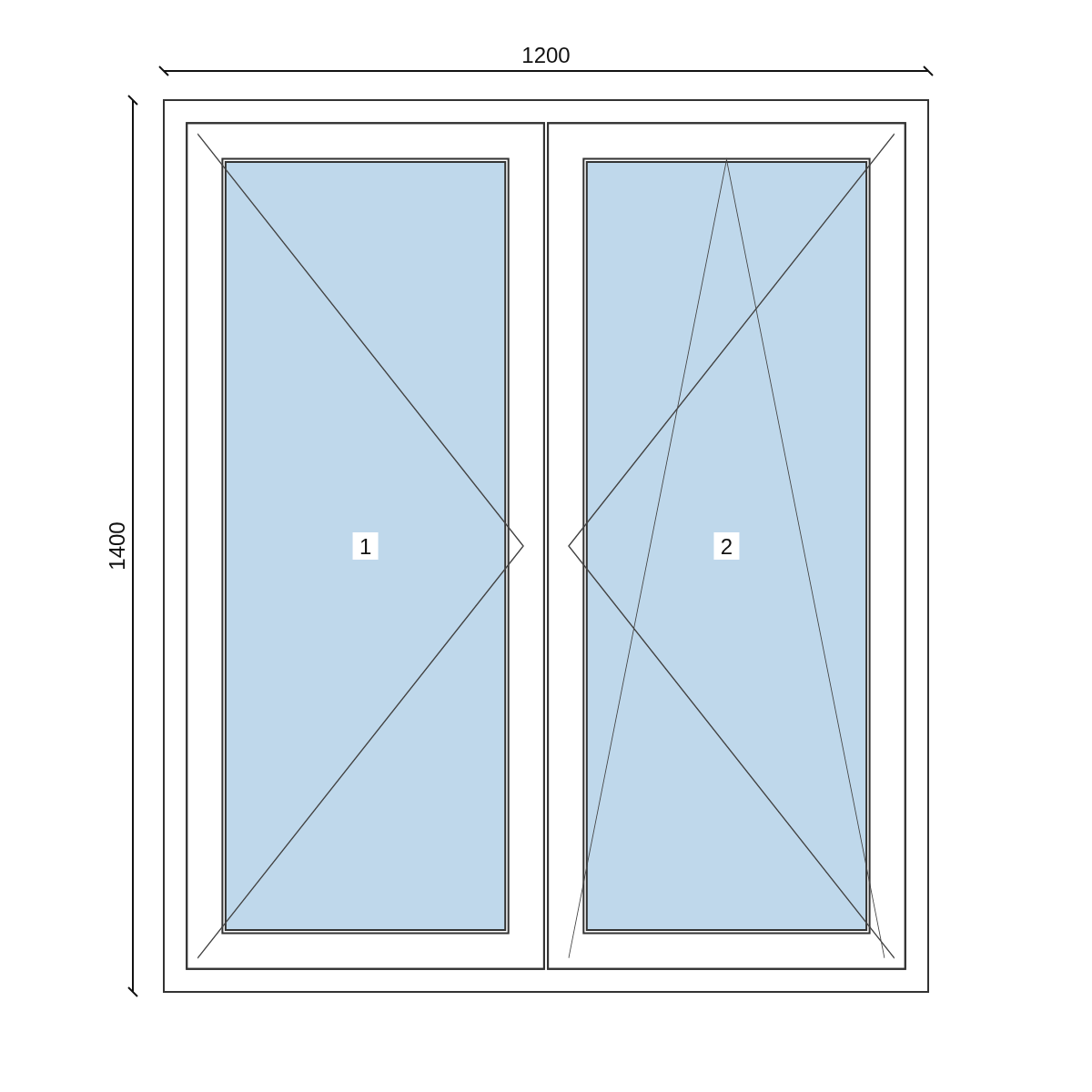 Serramento in PVC 1200 × 1400 mm, disegno della configurazione