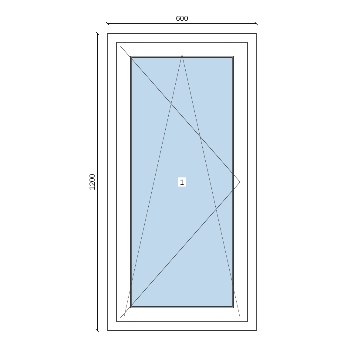 Serramento in PVC 600 × 1200 mm, disegno della configurazione