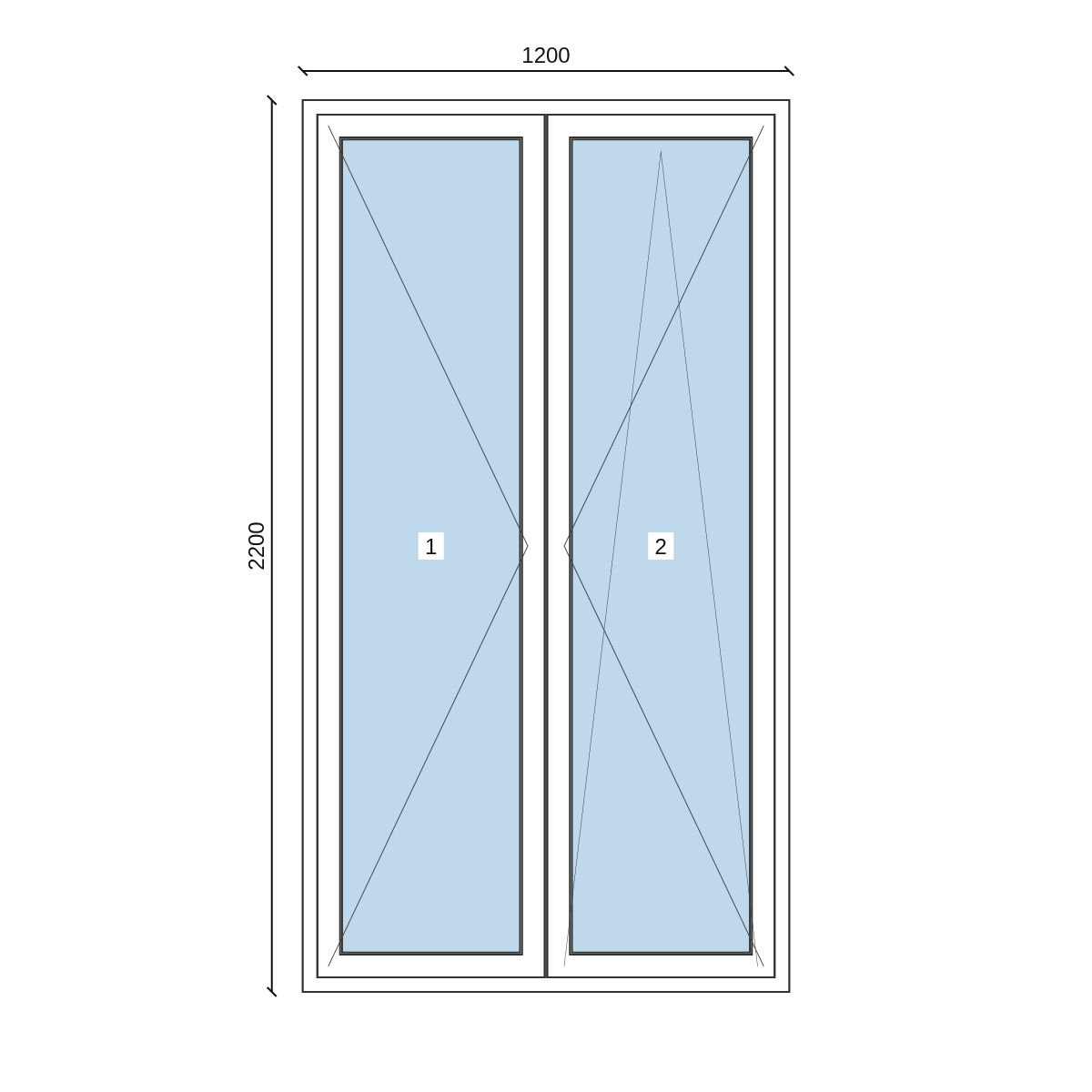 Serramento in PVC 1200 × 2200 mm, disegno della configurazione