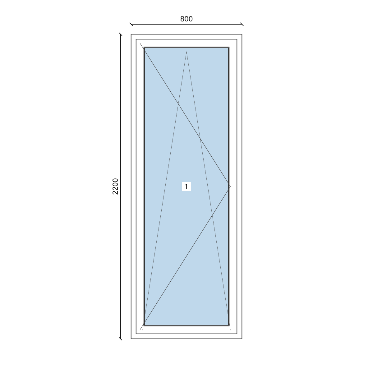 Serramento in PVC 800 × 2200 mm, disegno della configurazione