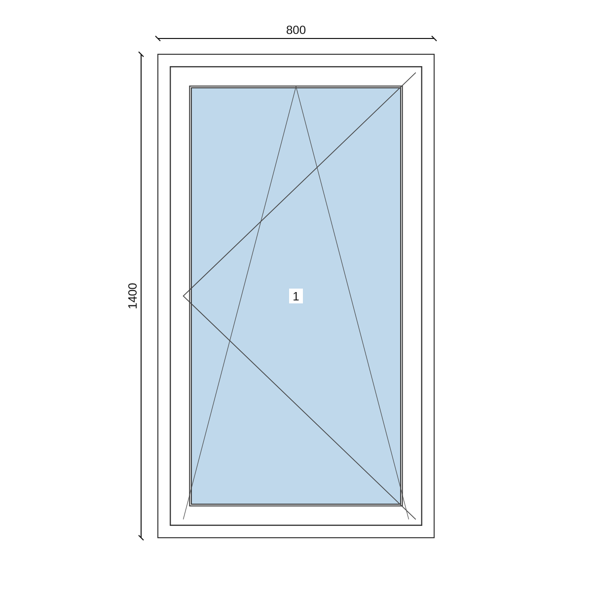 Serramento in PVC 800 × 1400 mm, disegno della configurazione