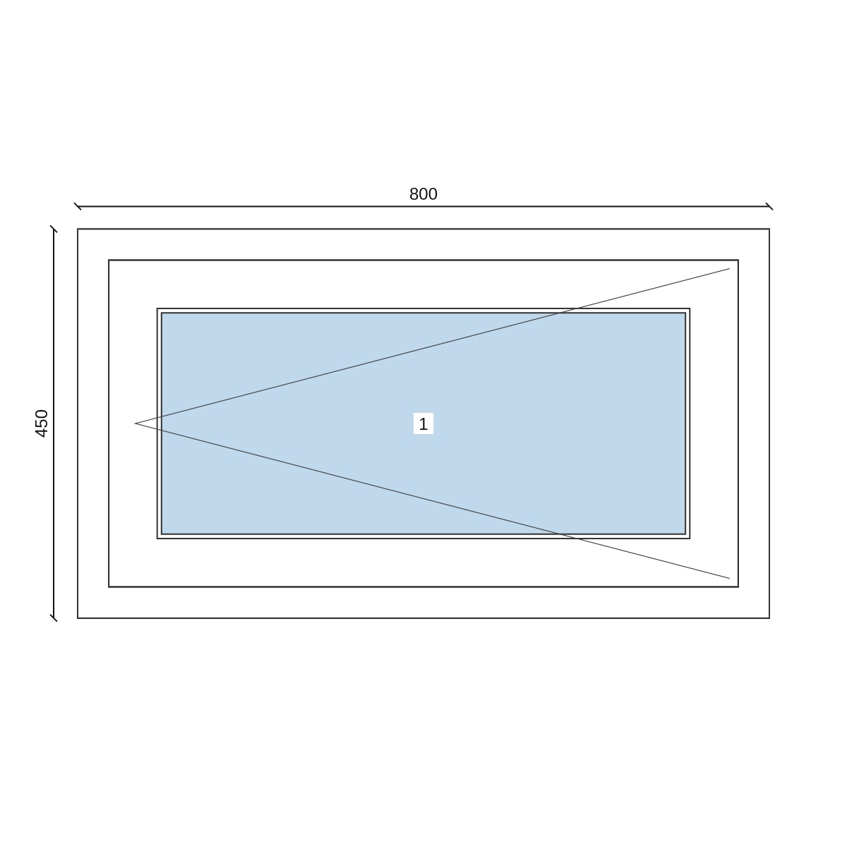 Serramento in PVC 800 × 450 mm, disegno della configurazione