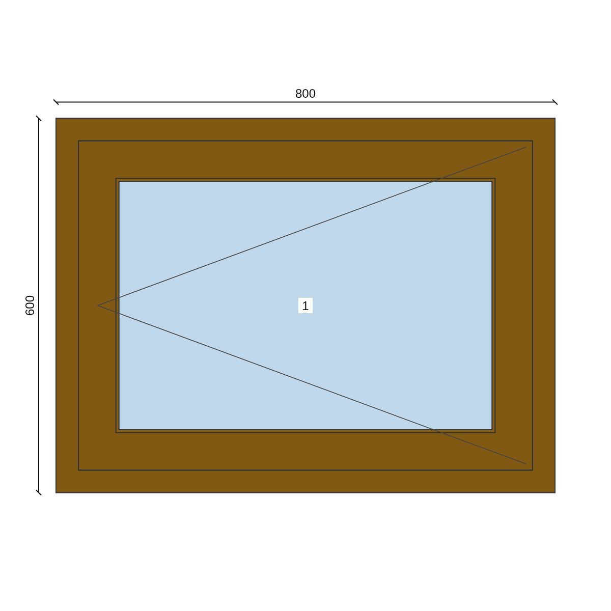 Serramento in PVC 800 × 600 mm, disegno della configurazione