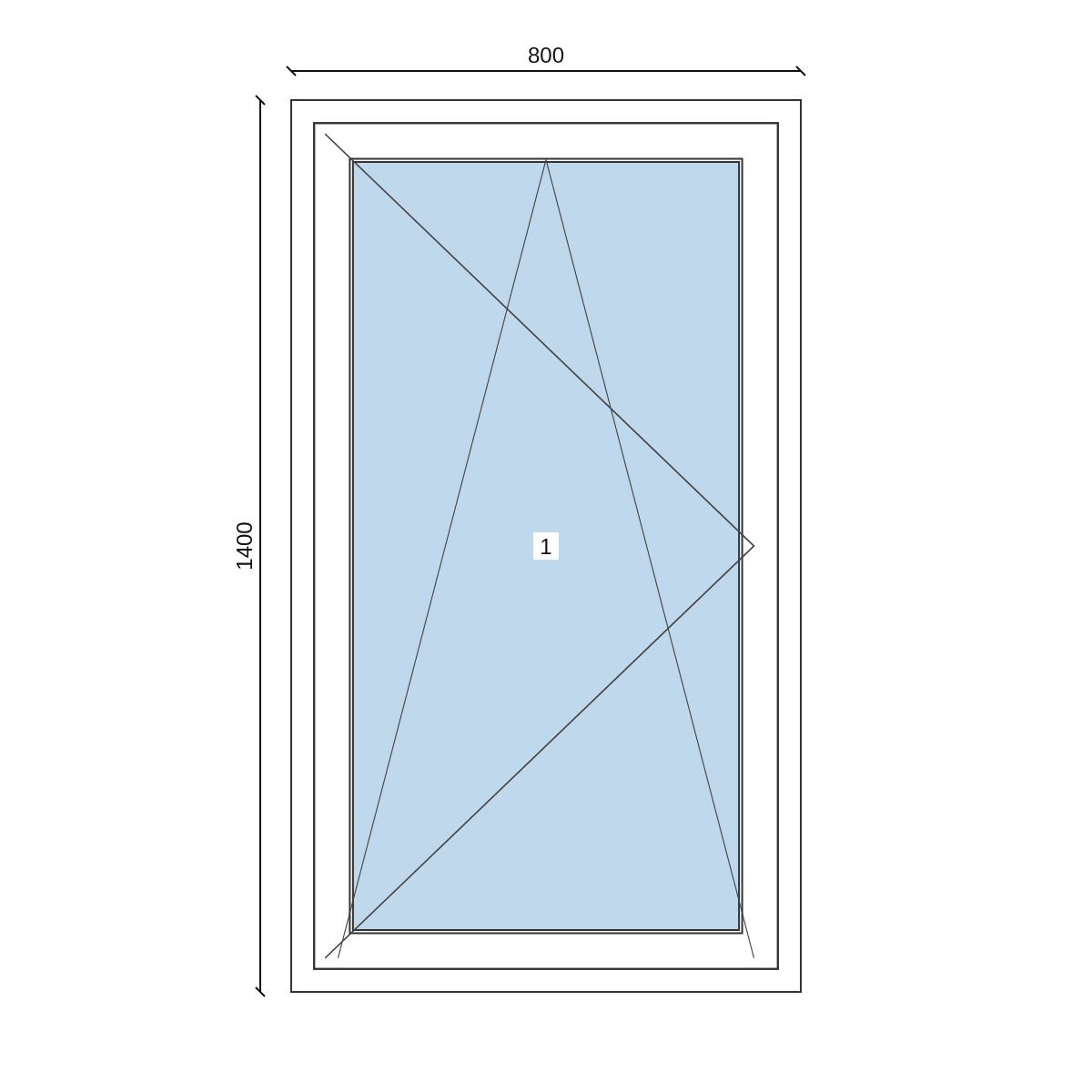 Serramento in PVC 800 × 1400 mm, disegno della configurazione
