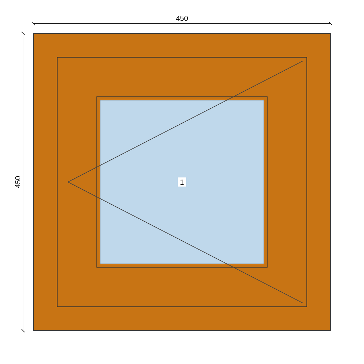 Serramento in PVC 450 × 450 mm, disegno della configurazione
