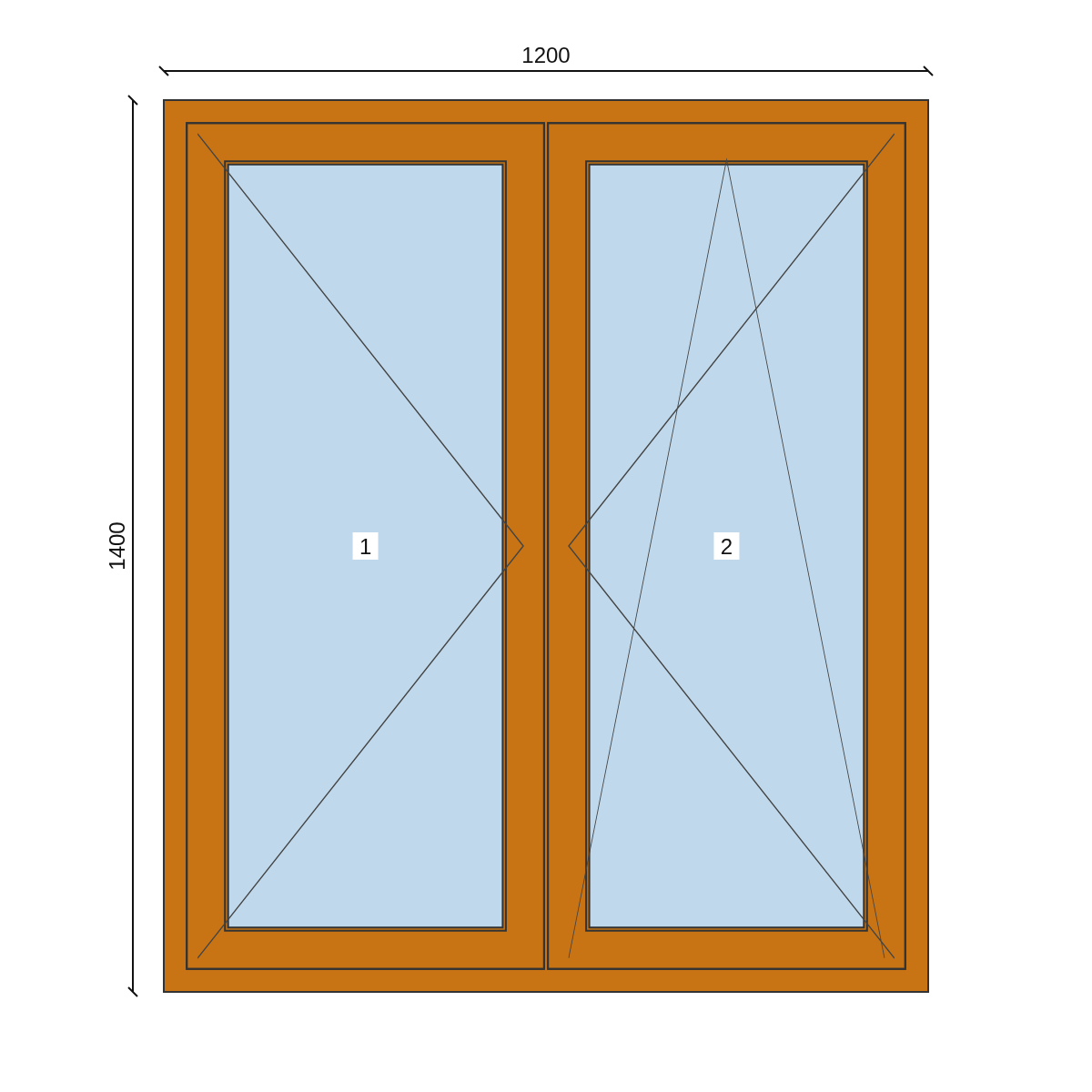 Serramento in PVC 1200 × 1400 mm, disegno della configurazione