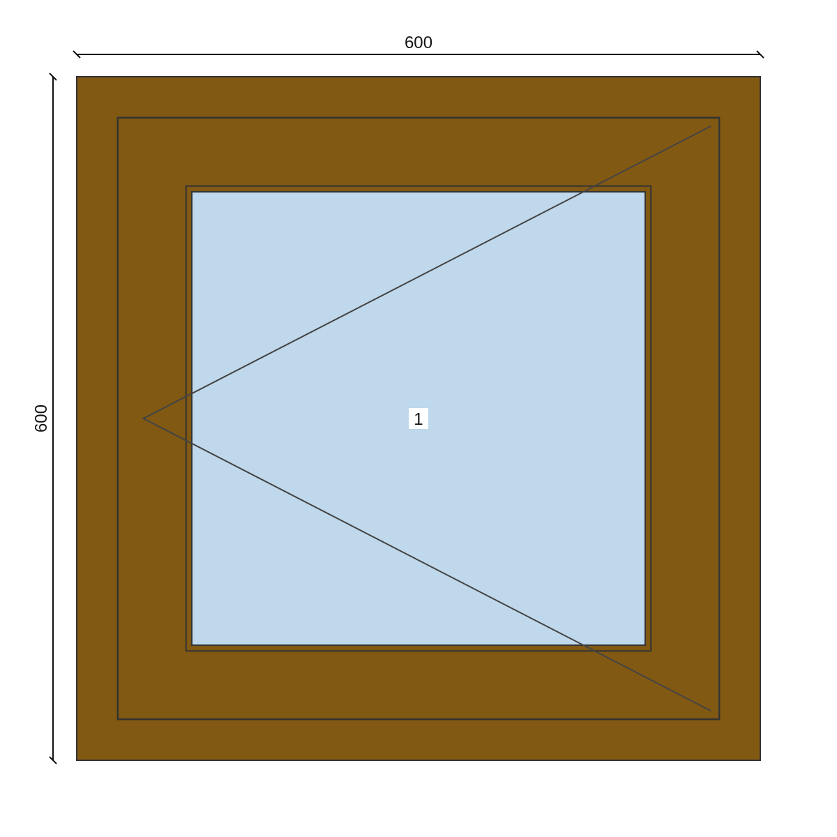 Serramento in PVC 600 × 600 mm, disegno della configurazione