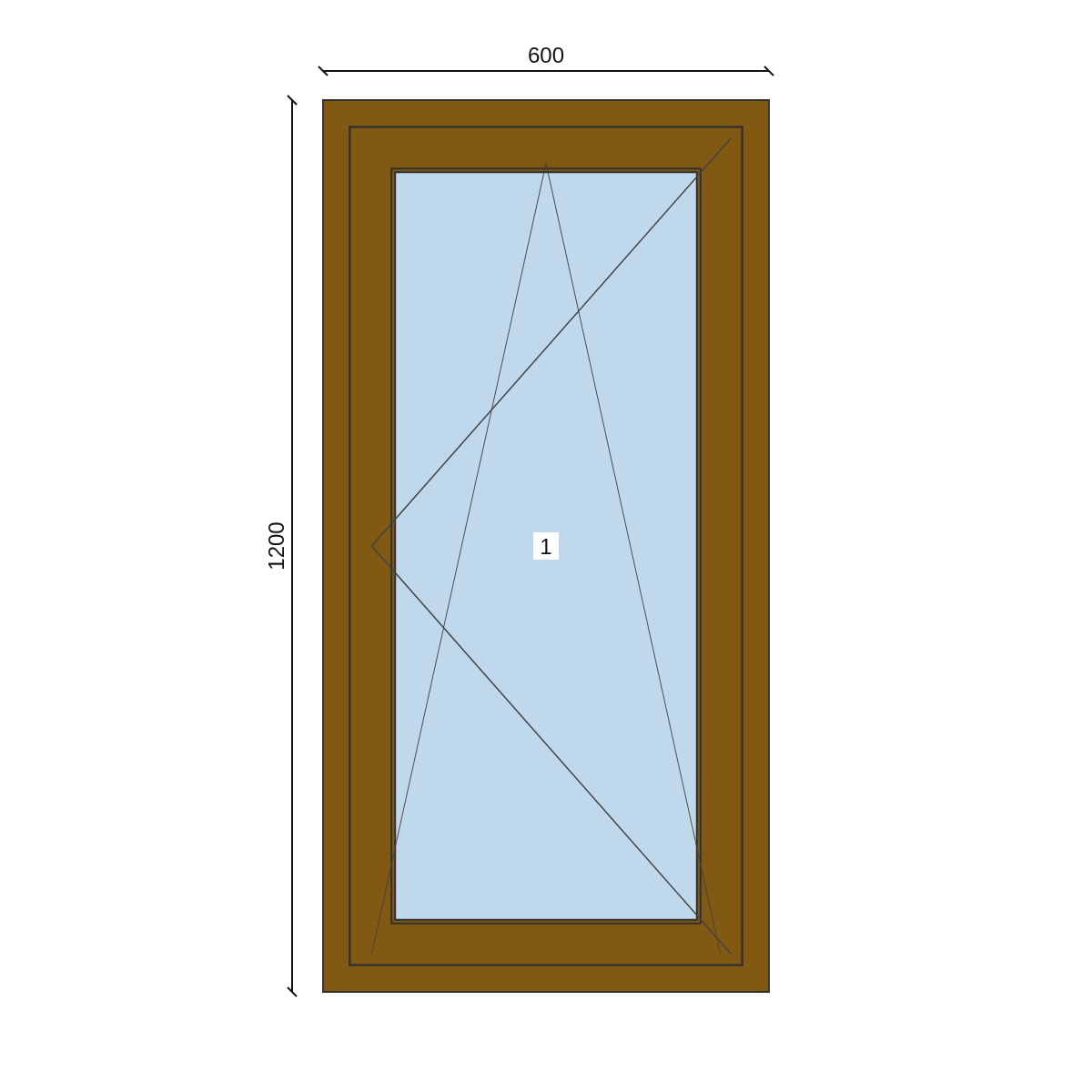 Serramento in PVC 600 × 1200 mm, disegno della configurazione