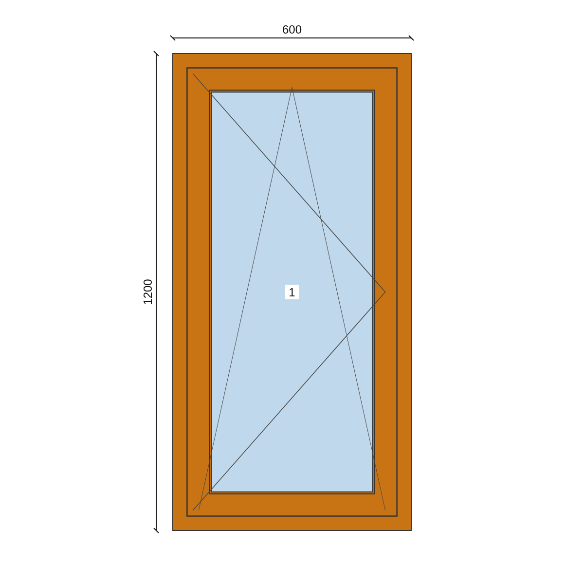 Serramento in PVC 600 × 1200 mm, disegno della configurazione