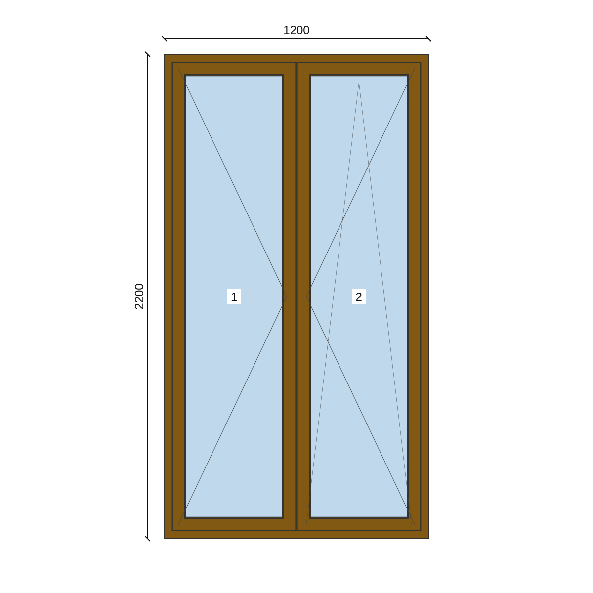 Serramento in PVC 1200 × 2200 mm, disegno della configurazione