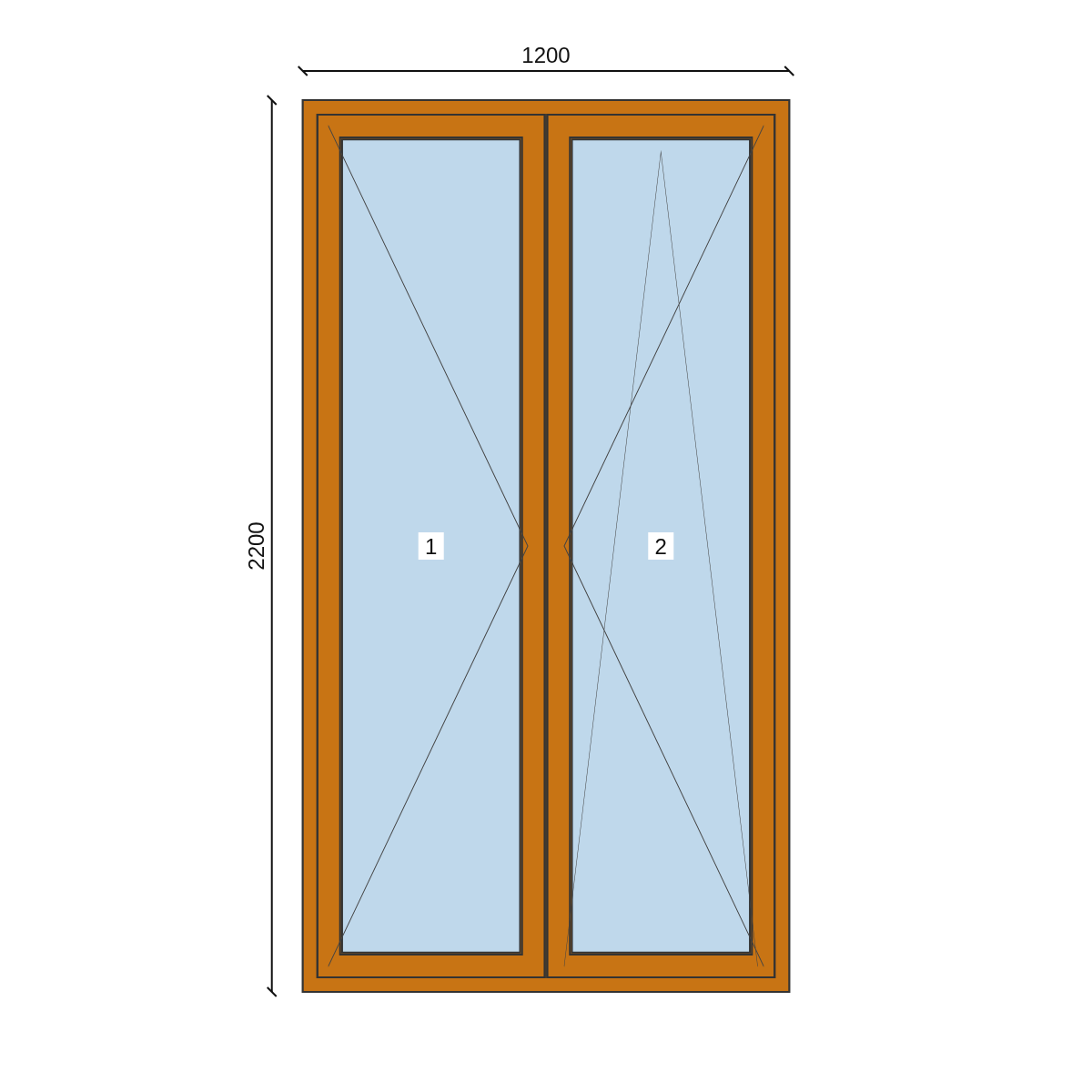 Serramento in PVC 1200 × 2200 mm, disegno della configurazione