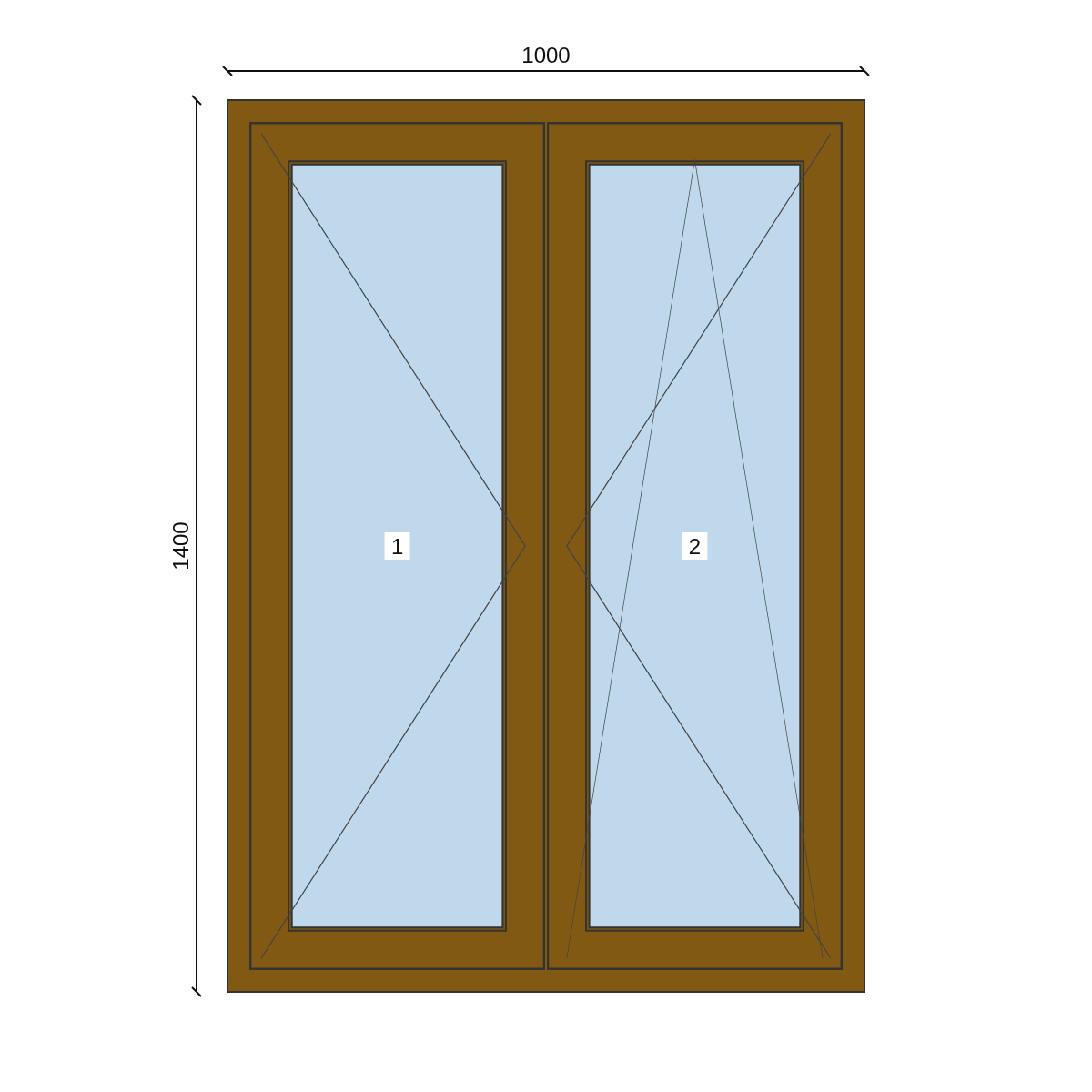 Serramento in PVC 1000 × 1400 mm, disegno della configurazione