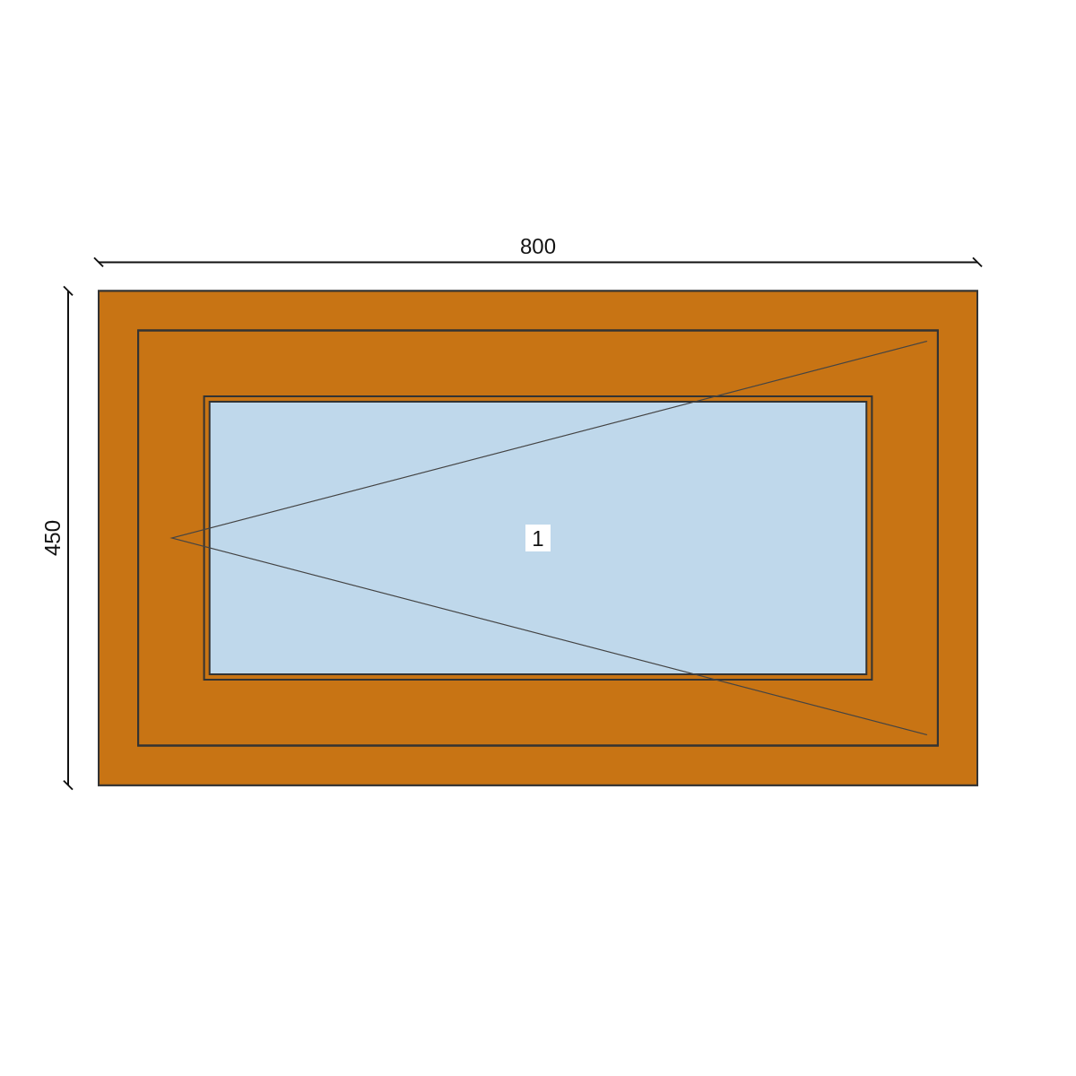 Serramento in PVC 800 × 450 mm, disegno della configurazione