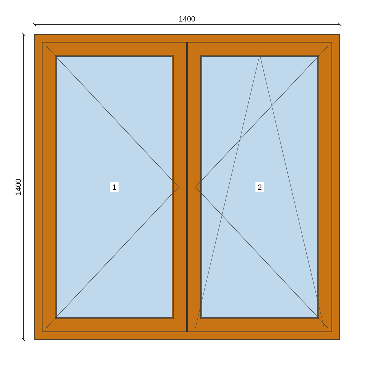Serramento in PVC 1400 × 1400 mm, disegno della configurazione