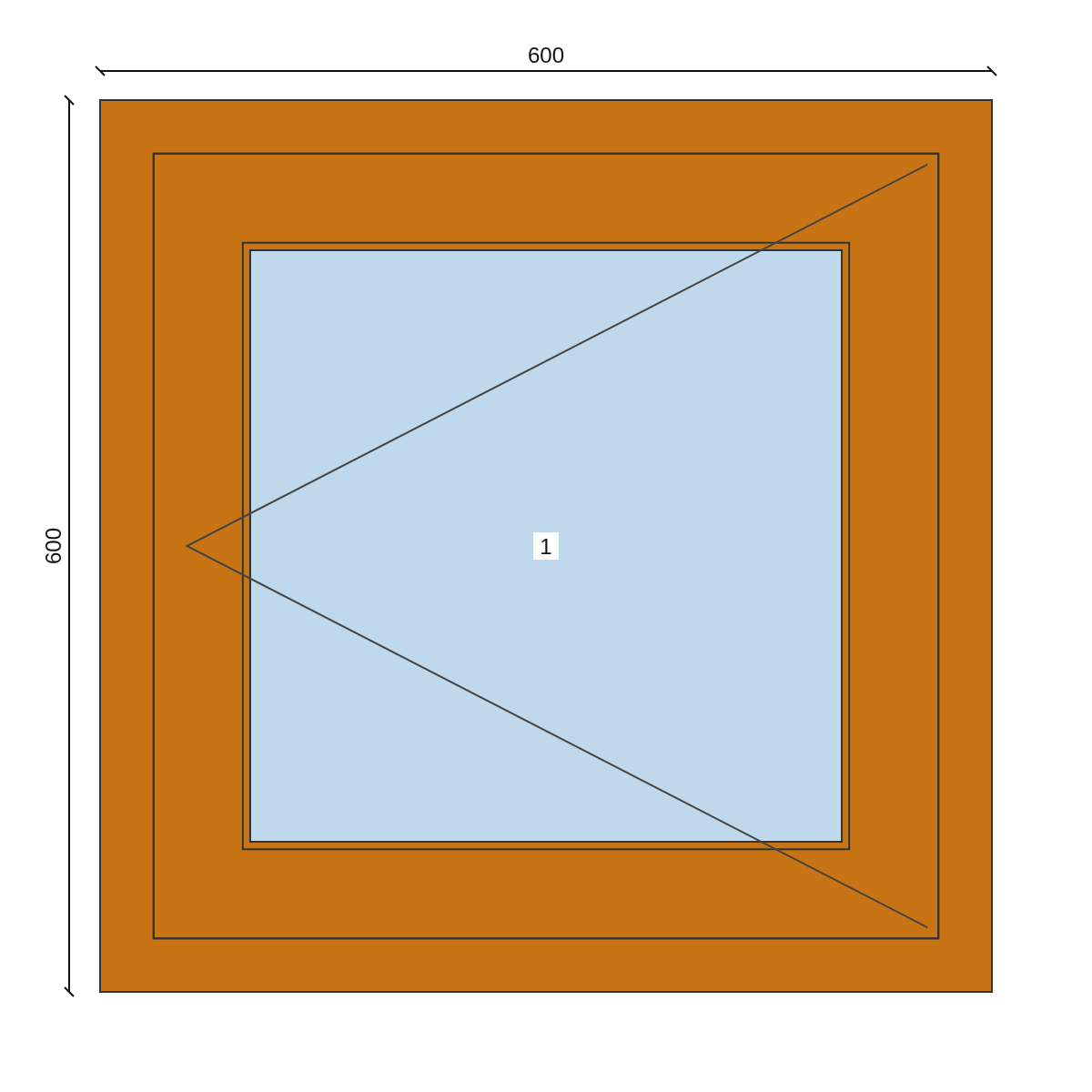 Serramento in PVC 600 × 600 mm, disegno della configurazione
