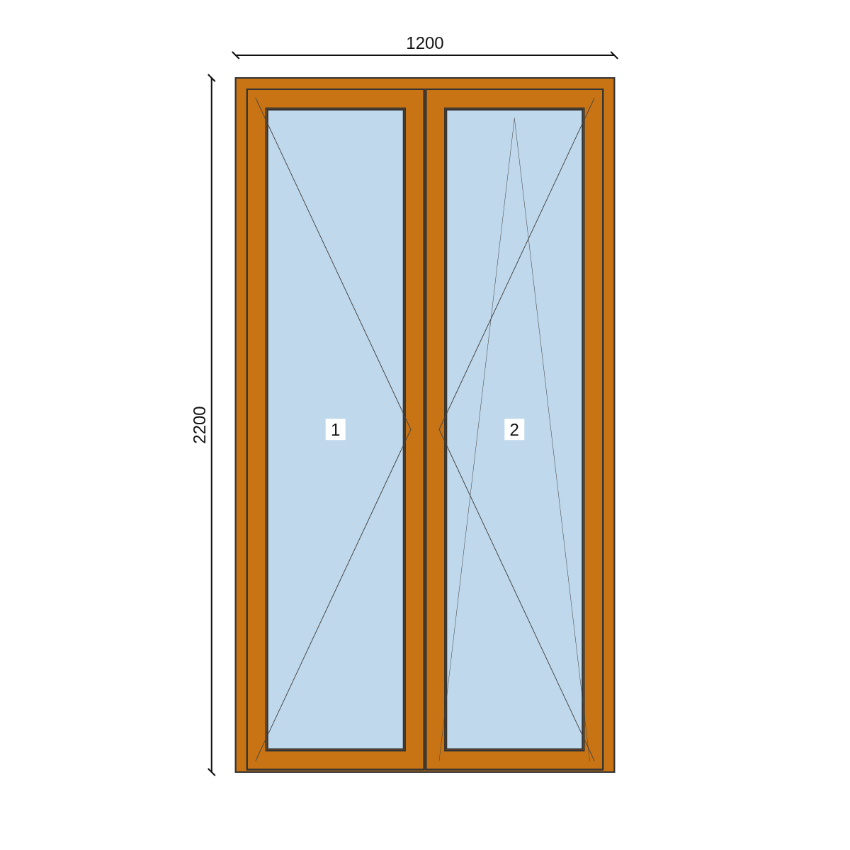 Serramento in PVC 1200 × 2200 mm, disegno della configurazione
