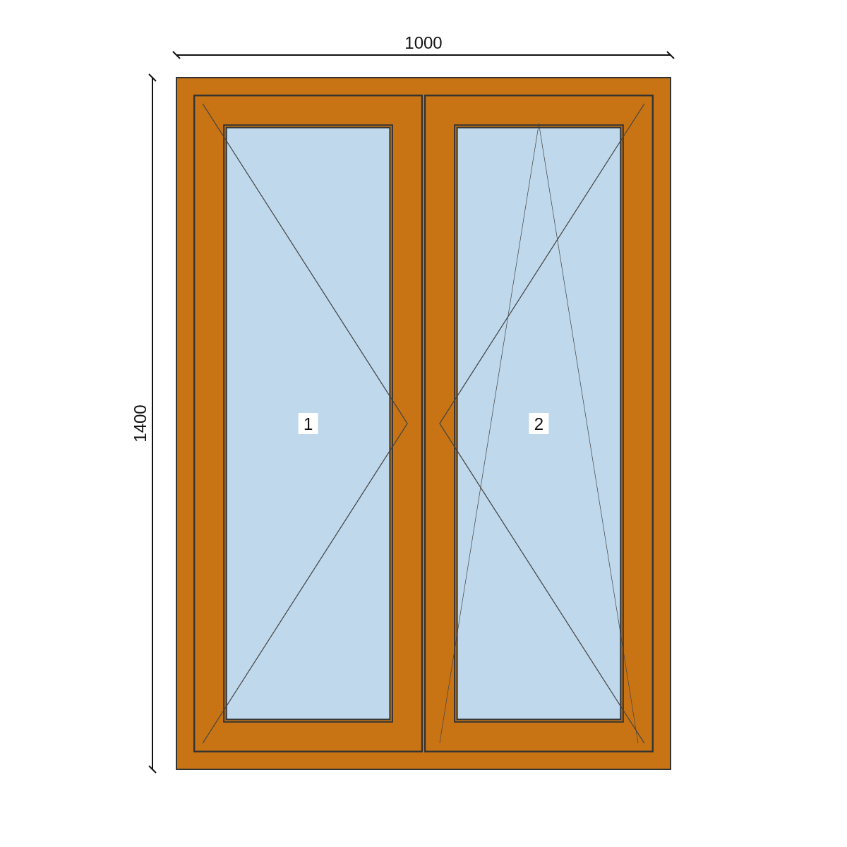 Serramento in PVC 1000 × 1400 mm, disegno della configurazione