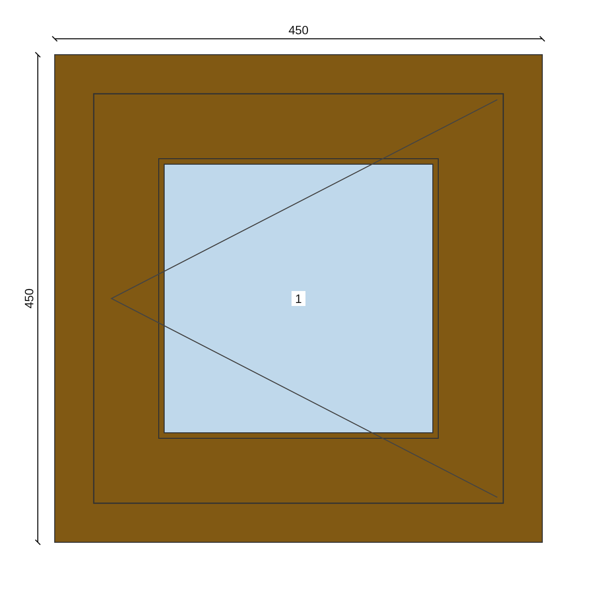 Serramento in PVC 450 × 450 mm, disegno della configurazione
