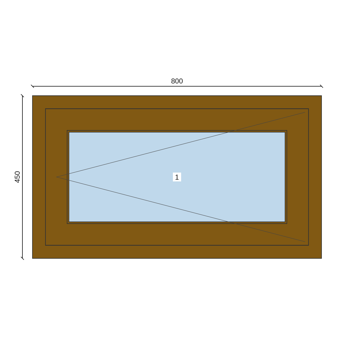 Serramento in PVC 800 × 450 mm, disegno della configurazione