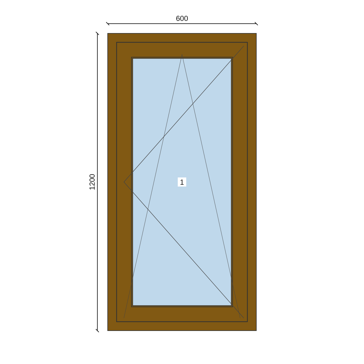 Serramento in PVC 600 × 1200 mm, disegno della configurazione