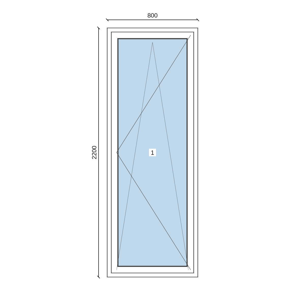 Serramento in PVC 800 × 2200 mm, disegno della configurazione