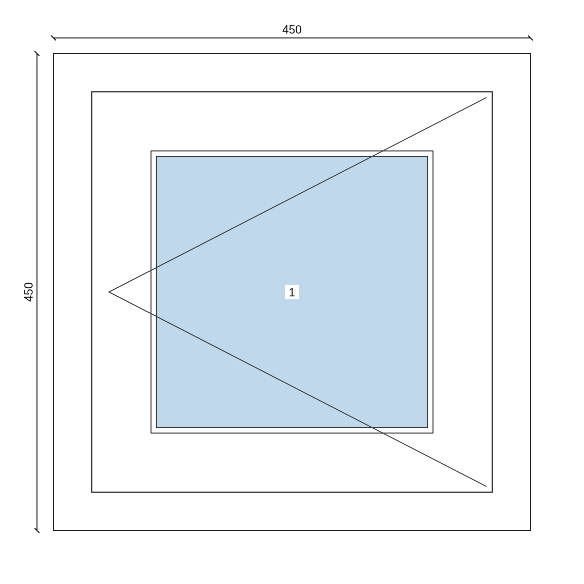 Serramento in PVC 450 × 450 mm, disegno della configurazione
