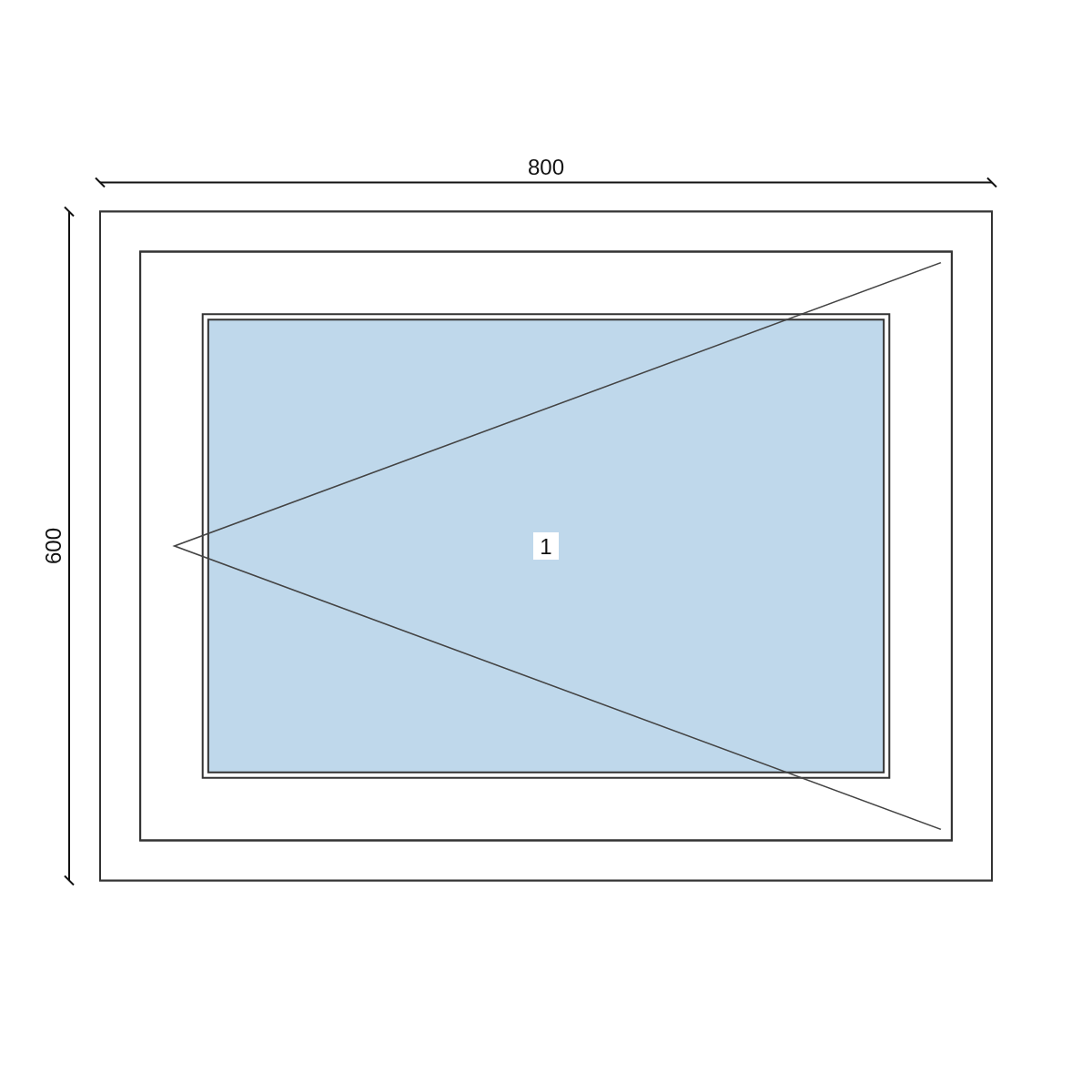 Serramento in PVC 800 × 600 mm, disegno della configurazione