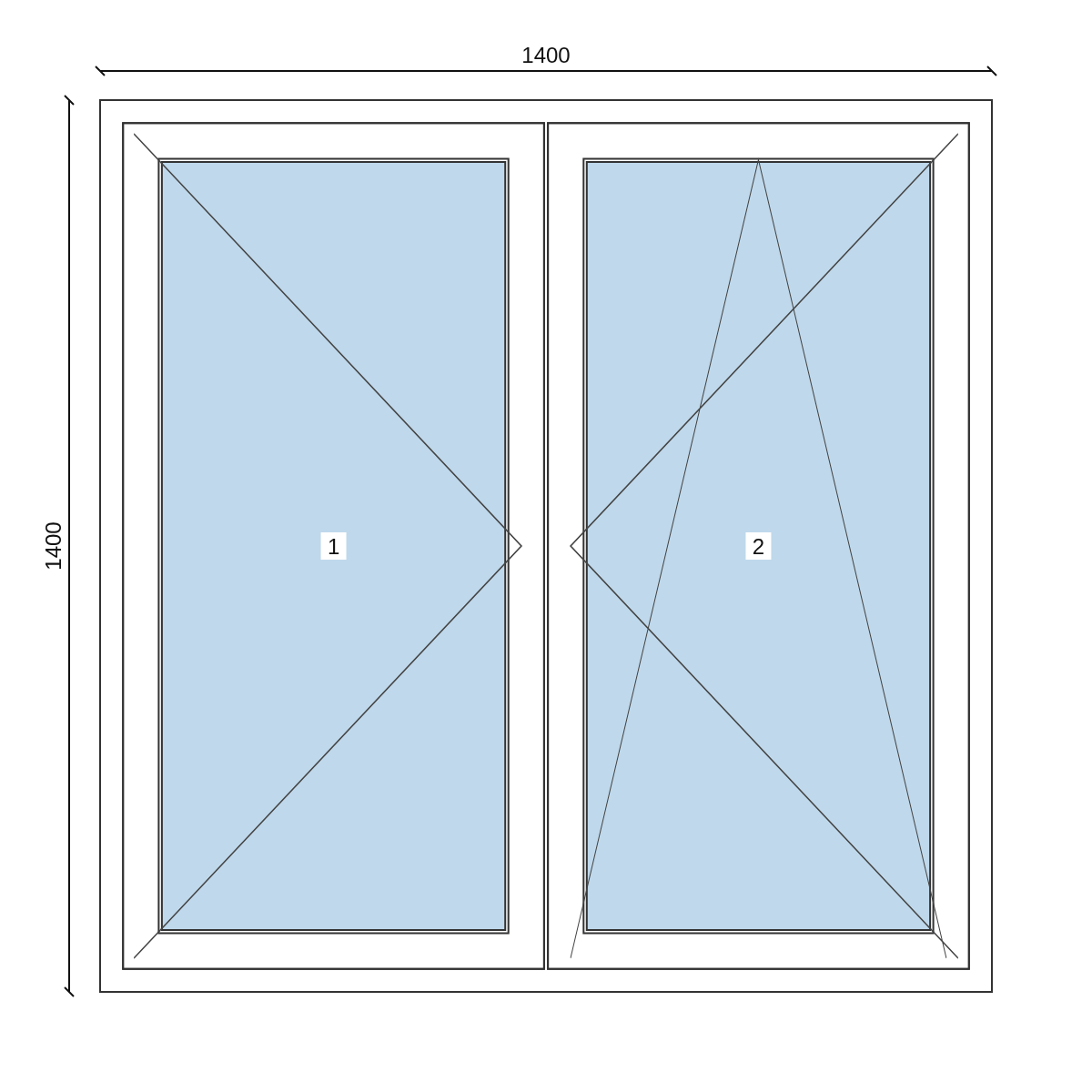 Serramento in PVC 1400 × 1400 mm, disegno della configurazione