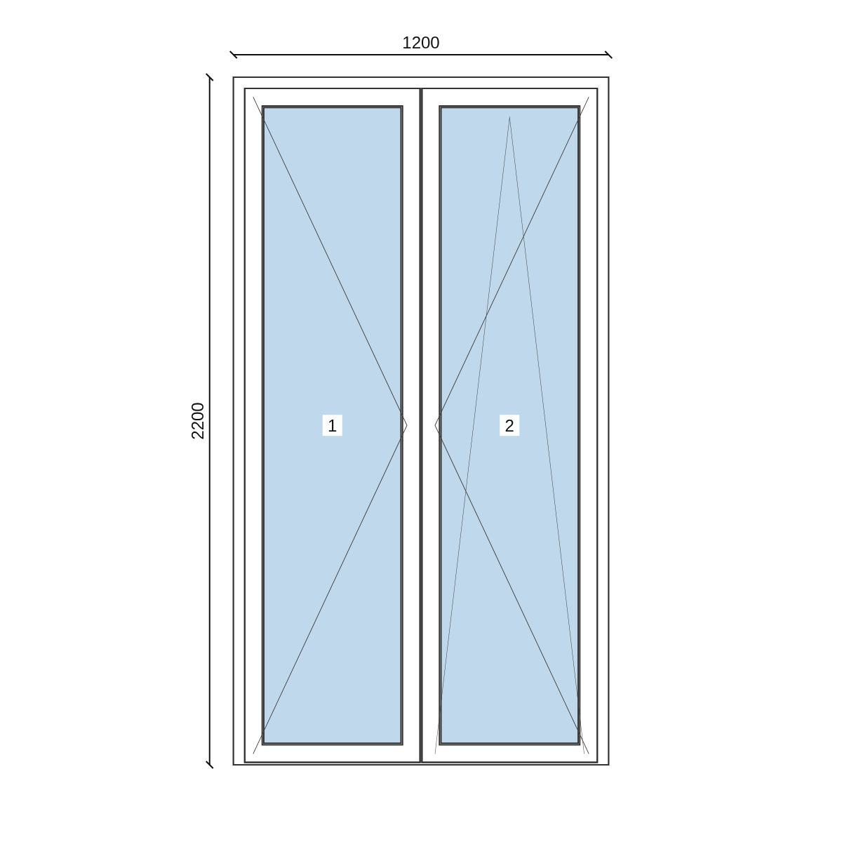 Serramento in PVC 1200 × 2200 mm, disegno della configurazione