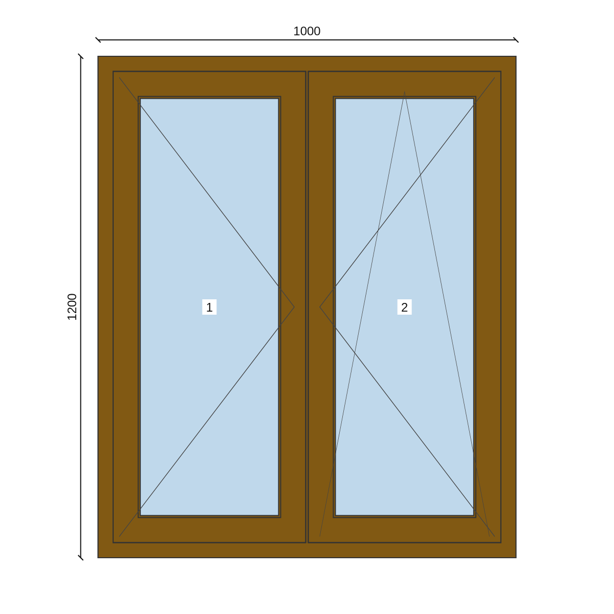 Serramento in PVC 1000 × 1200 mm, disegno della configurazione