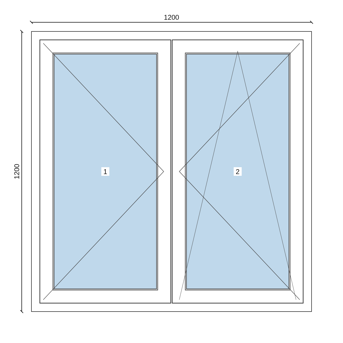 Serramento in PVC 1200 × 1200 mm, disegno della configurazione