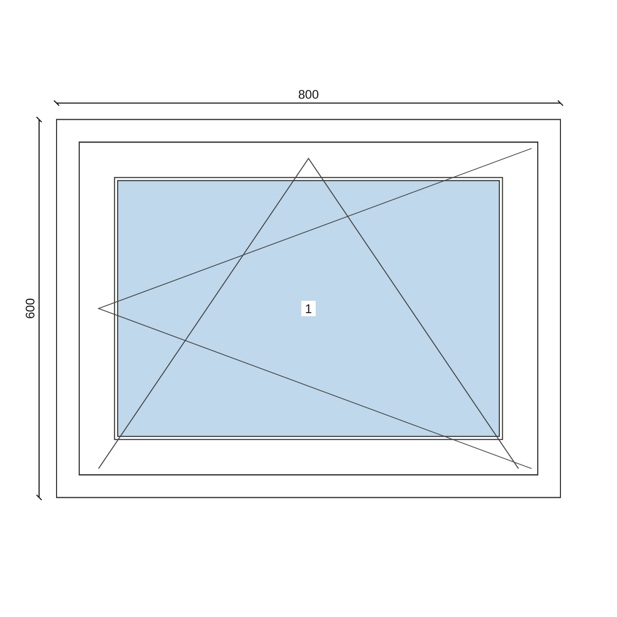Serramento in PVC 800 × 600 mm, disegno della configurazione