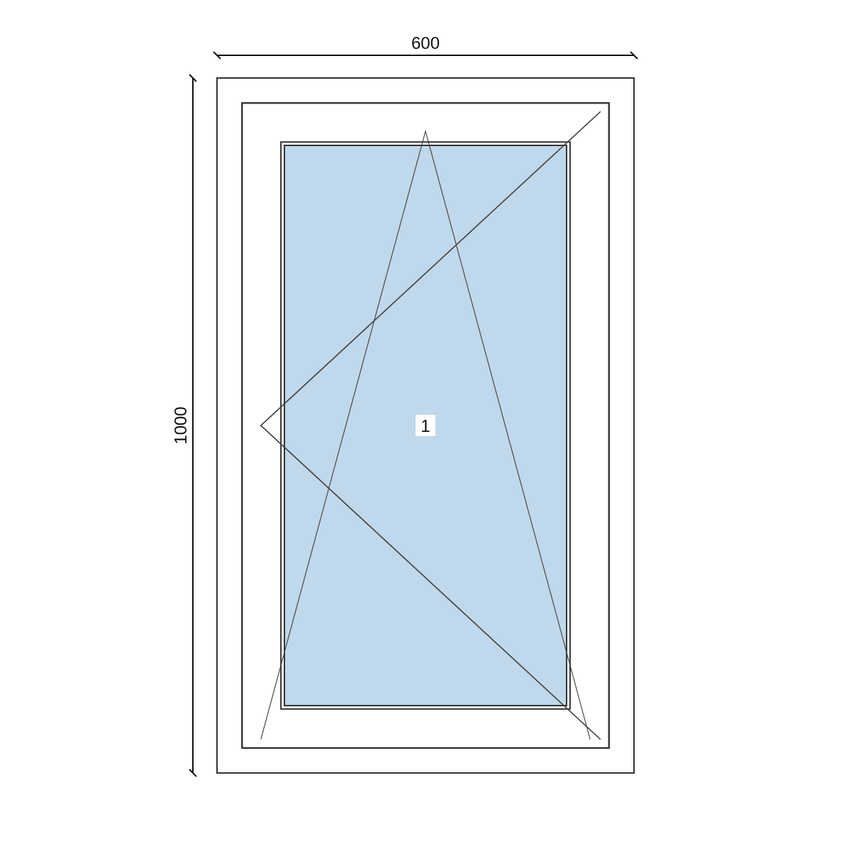 Serramento in PVC 600 × 1000 mm, disegno della configurazione