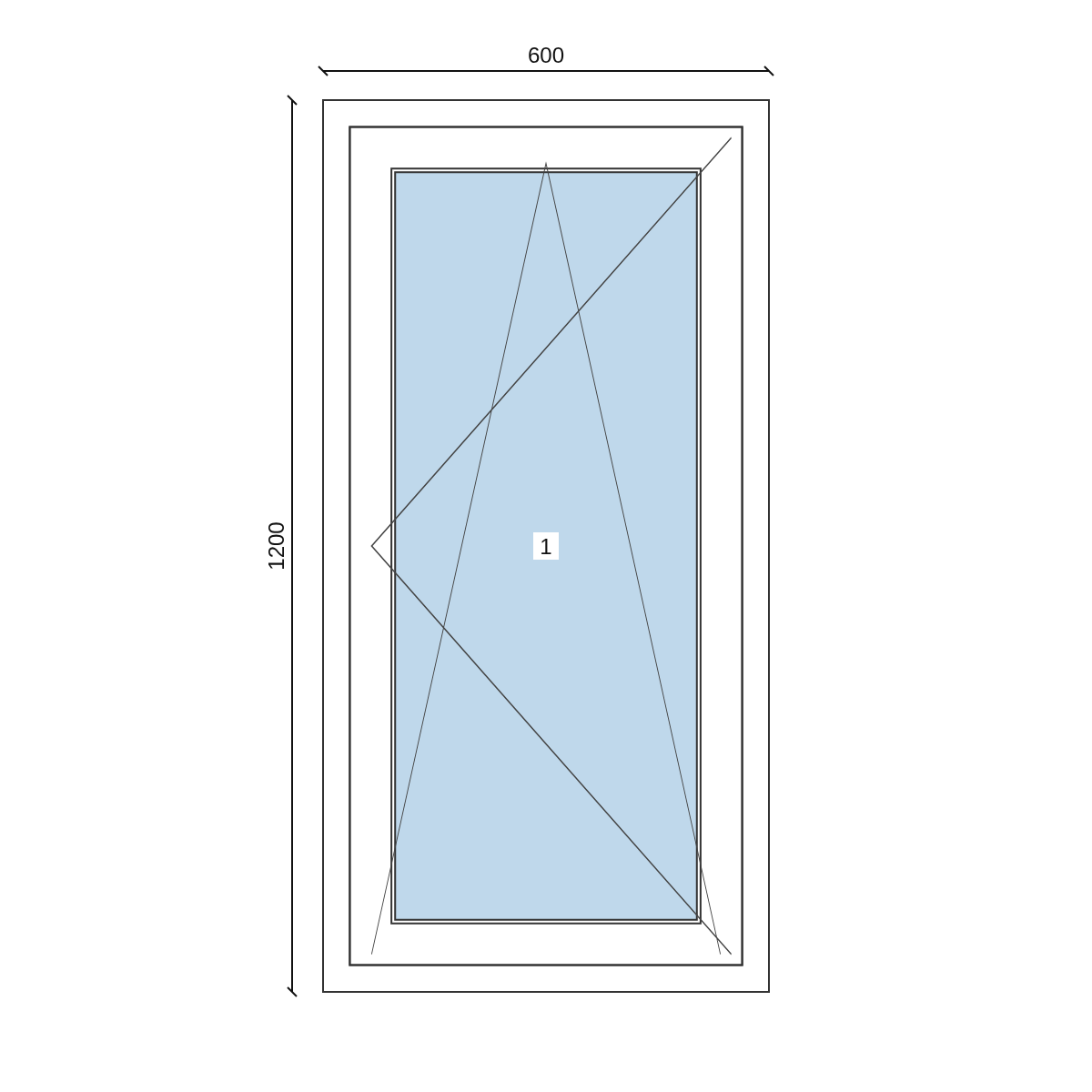 Serramento in PVC 600 × 1200 mm, disegno della configurazione
