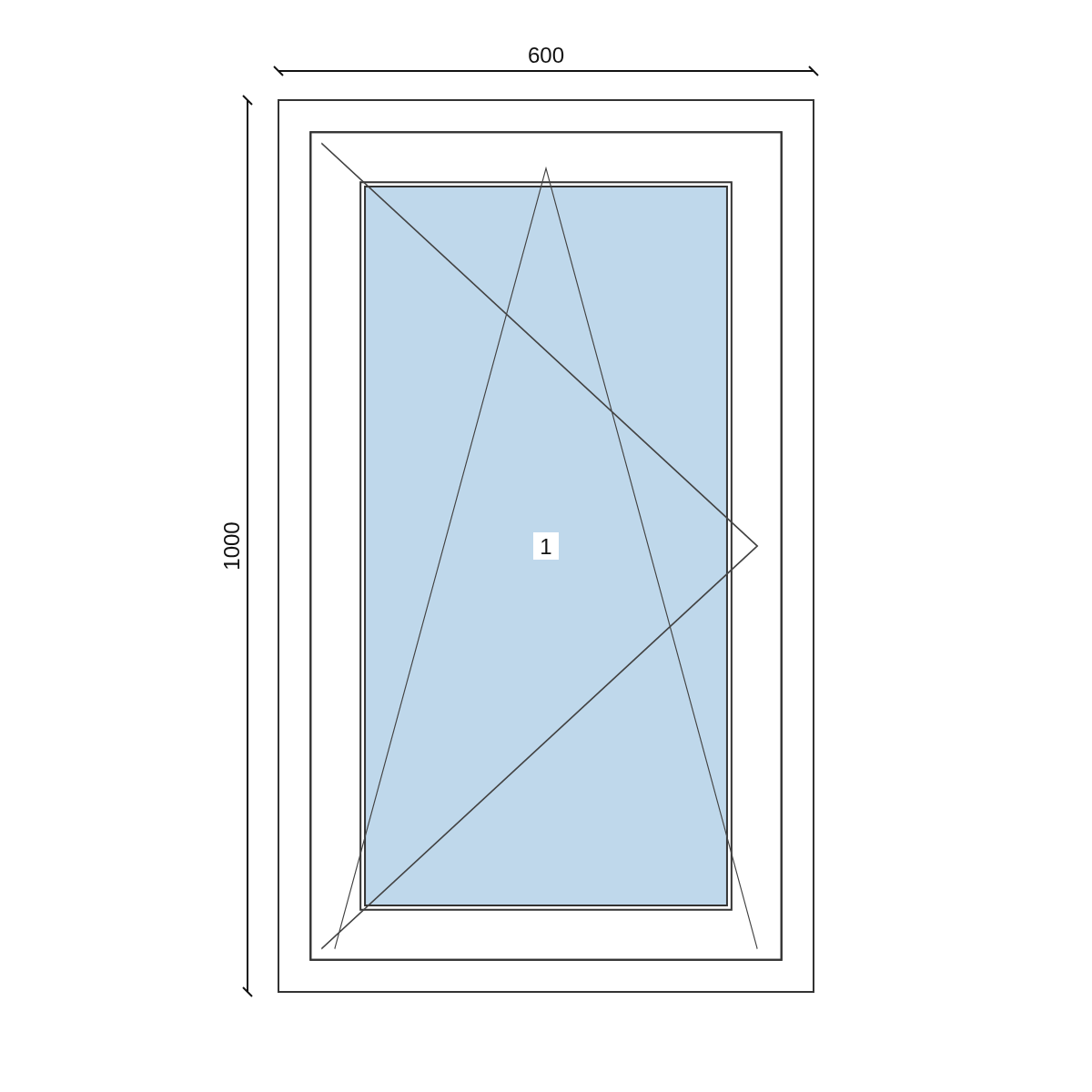 Serramento in PVC 600 × 1000 mm, disegno della configurazione