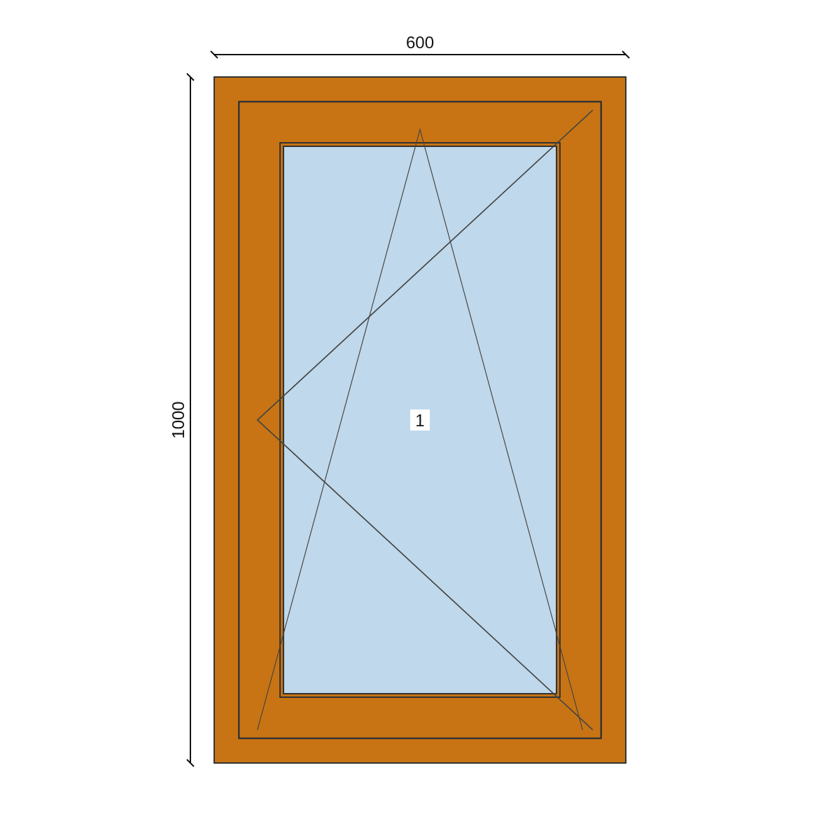 Serramento in PVC 600 × 1000 mm, disegno della configurazione