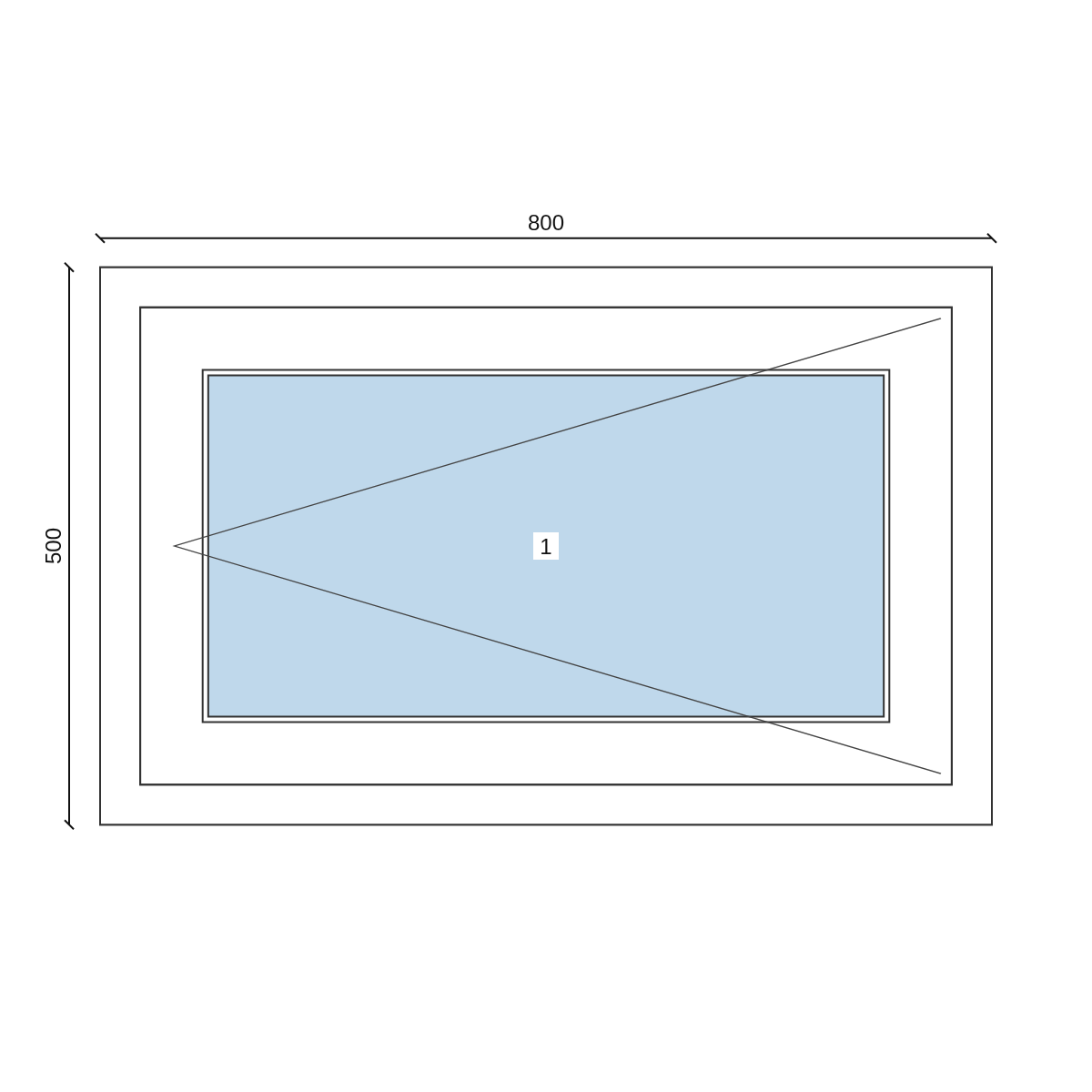 Serramento in PVC 800 × 500 mm, disegno della configurazione