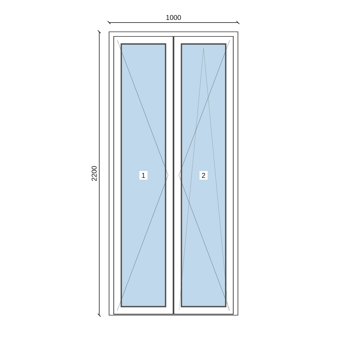 Serramento in PVC 1000 × 2200 mm, disegno della configurazione