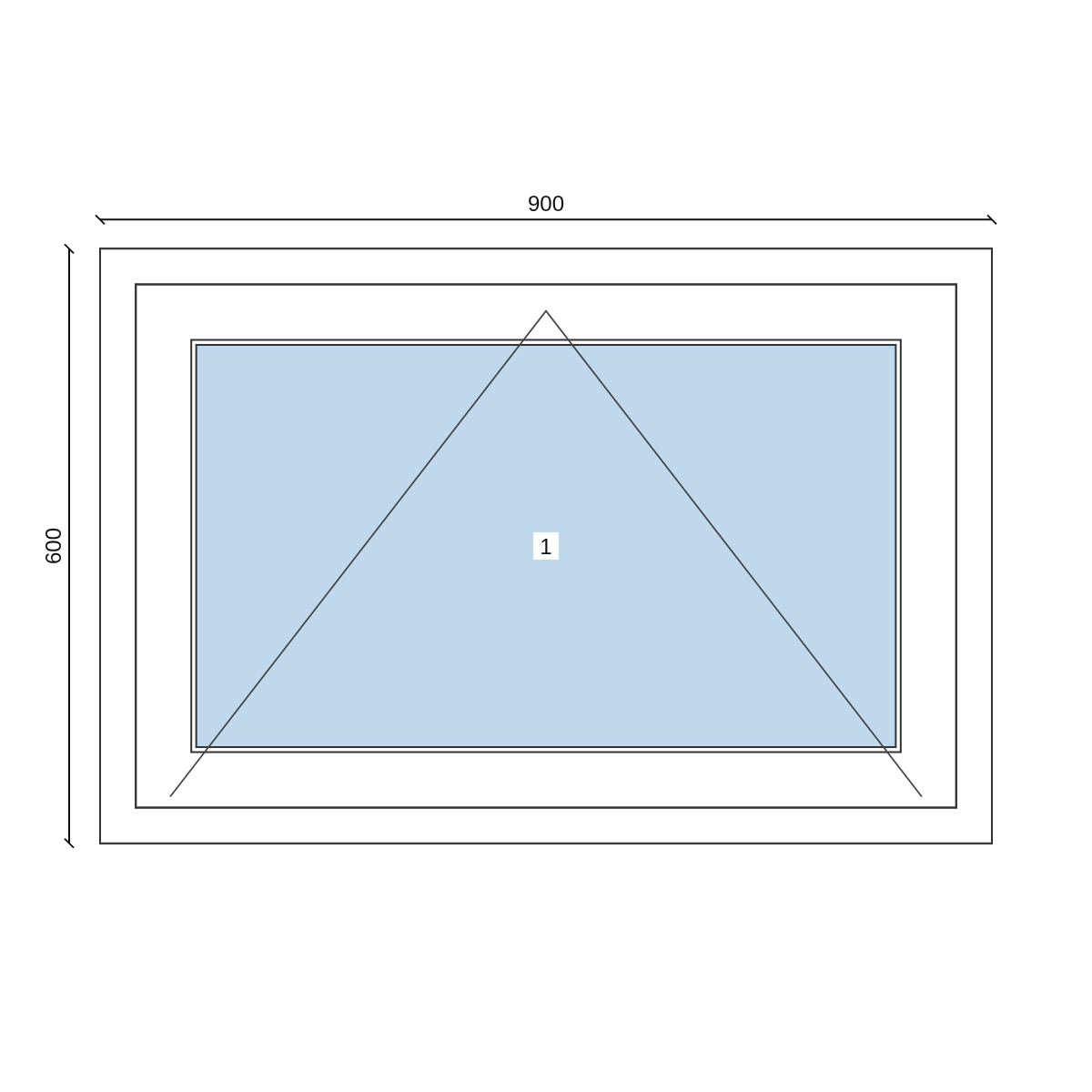 Serramento in PVC 900 × 600 mm, disegno della configurazione