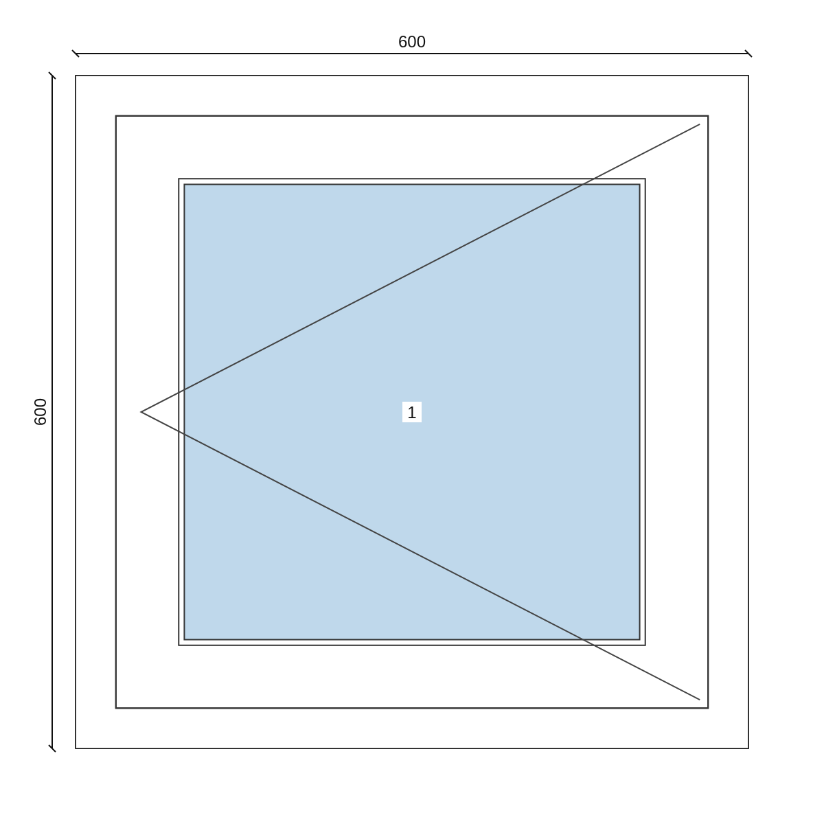 Serramento in PVC 600 × 600 mm, disegno della configurazione