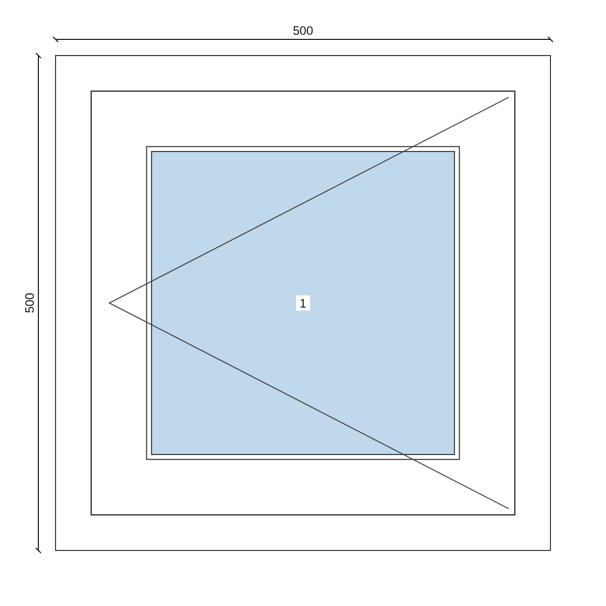 Serramento in PVC 500 × 500 mm, disegno della configurazione