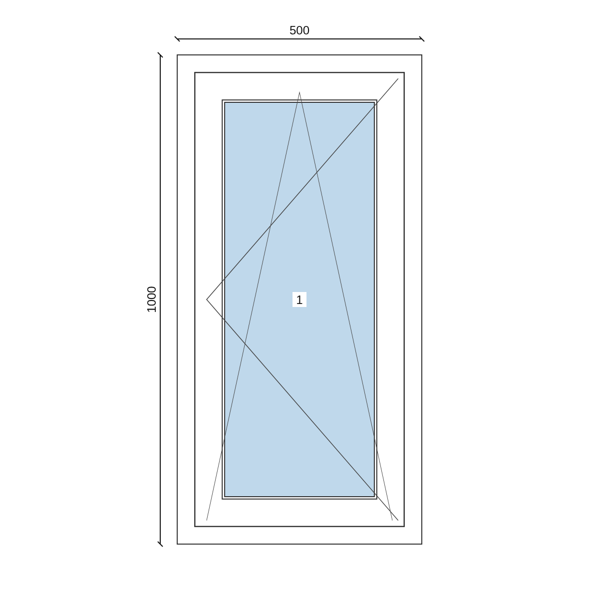 Serramento in PVC 500 × 1000 mm, disegno della configurazione