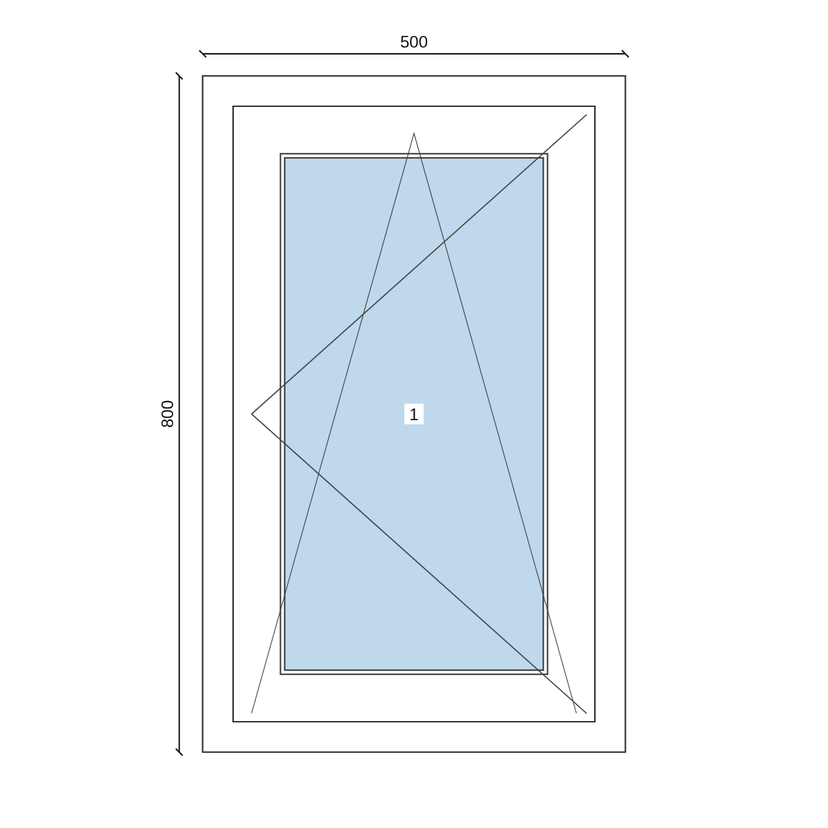 Serramento in PVC 500 × 800 mm, disegno della configurazione