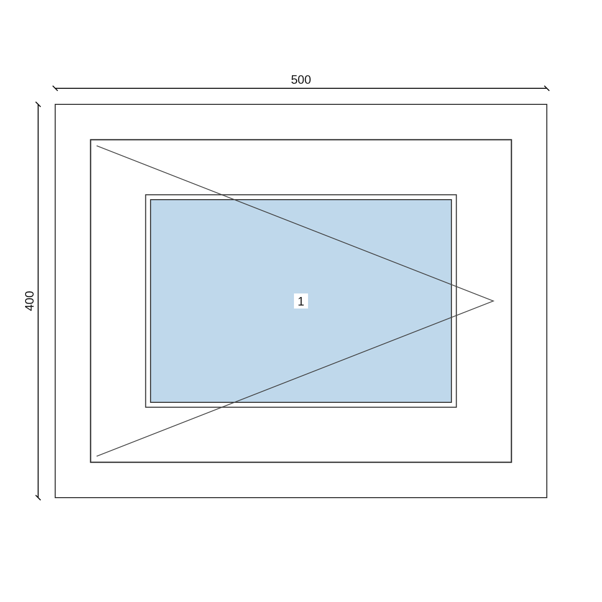 Serramento in PVC 500 × 400 mm, disegno della configurazione