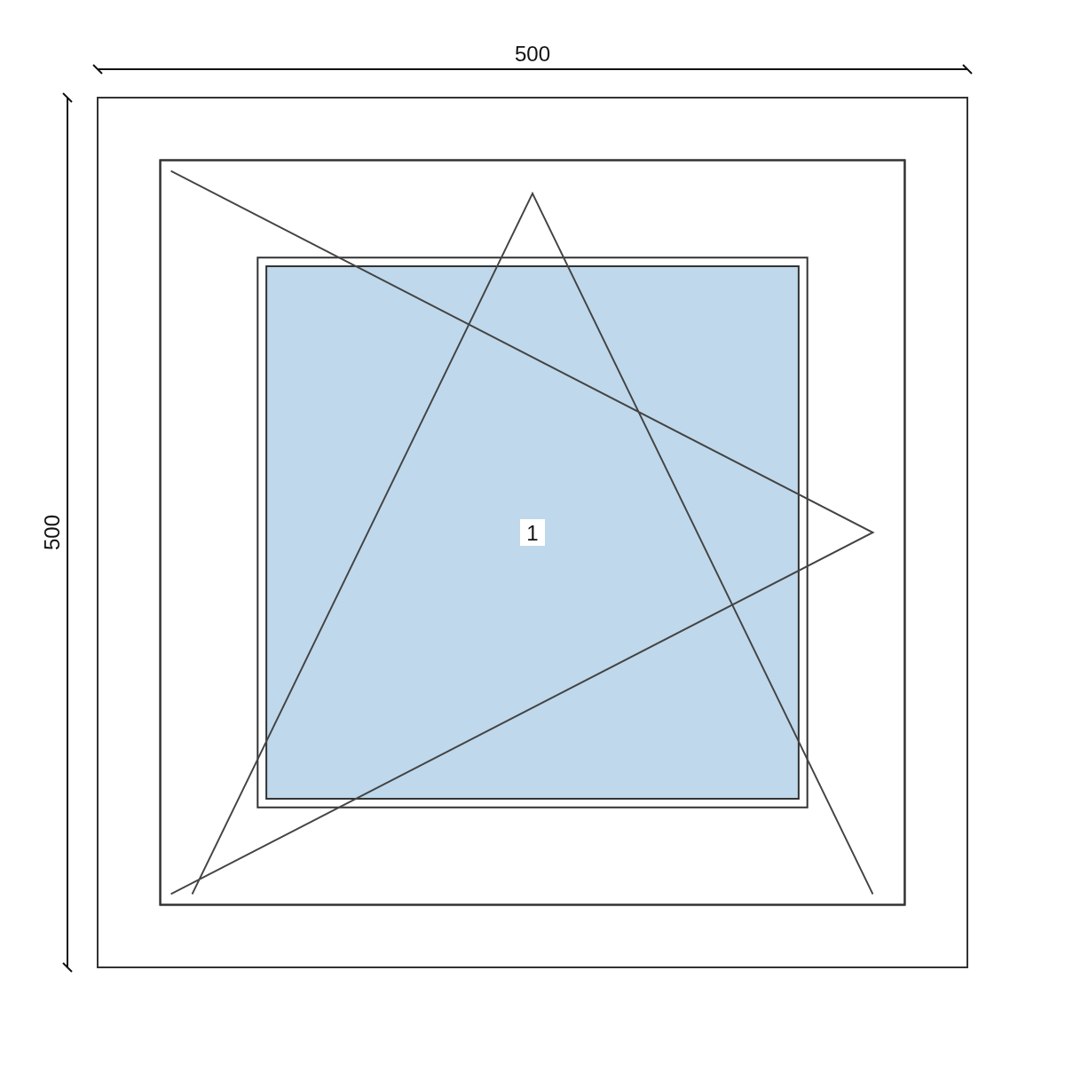 Serramento in PVC 500 × 500 mm, disegno della configurazione