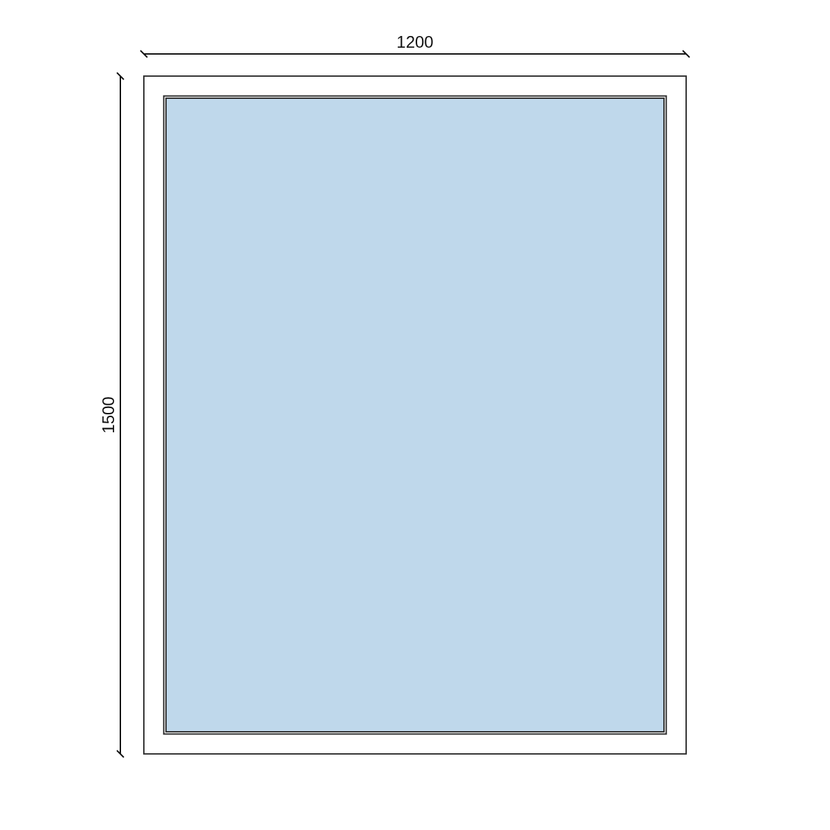 Serramento in PVC 1200 × 1500 mm, disegno della configurazione
