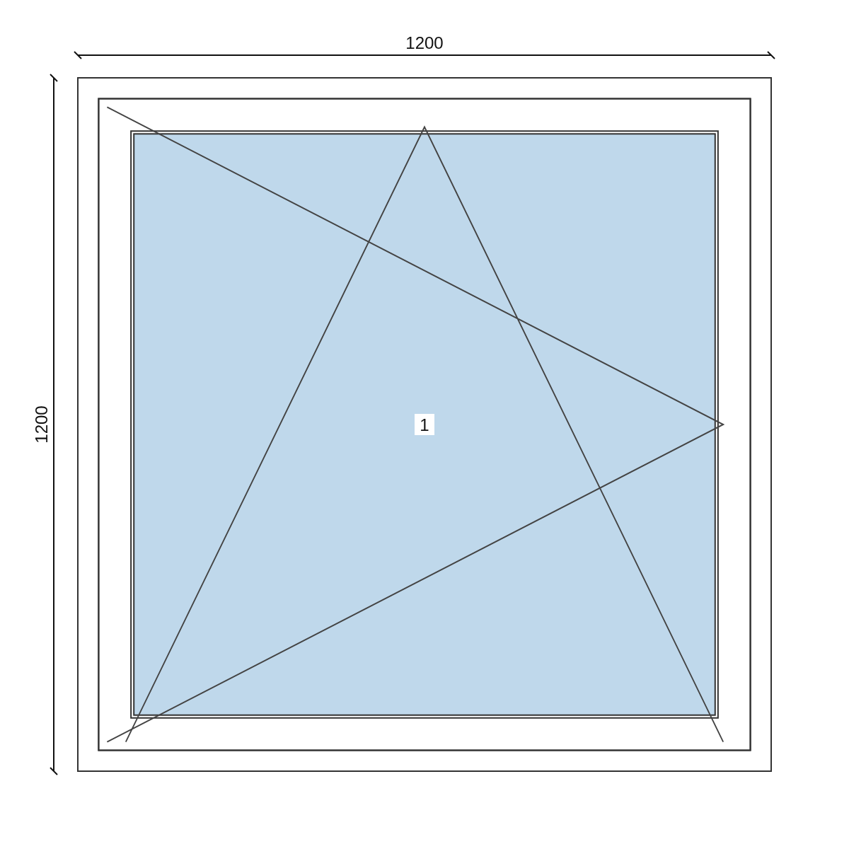 Serramento in PVC 1200 × 1200 mm, disegno della configurazione