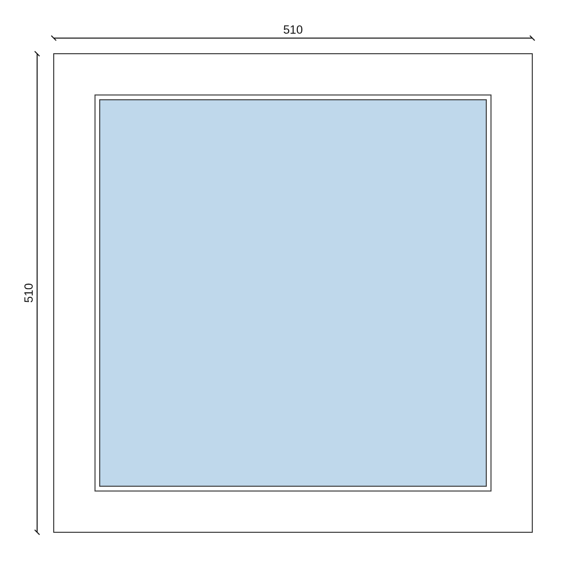 Serramento in PVC 510 × 510 mm, disegno della configurazione