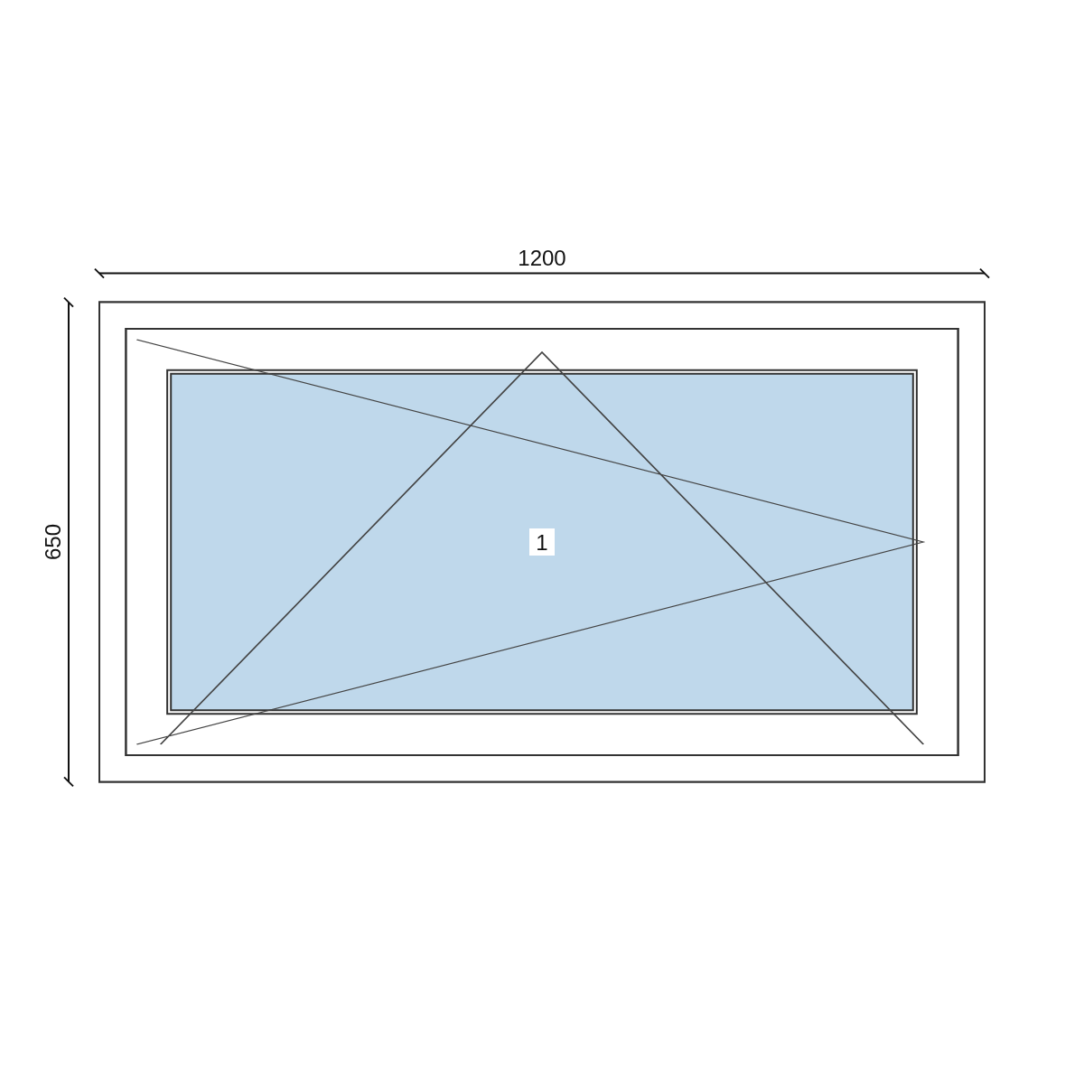 Serramento in PVC 1200 × 650 mm, disegno della configurazione