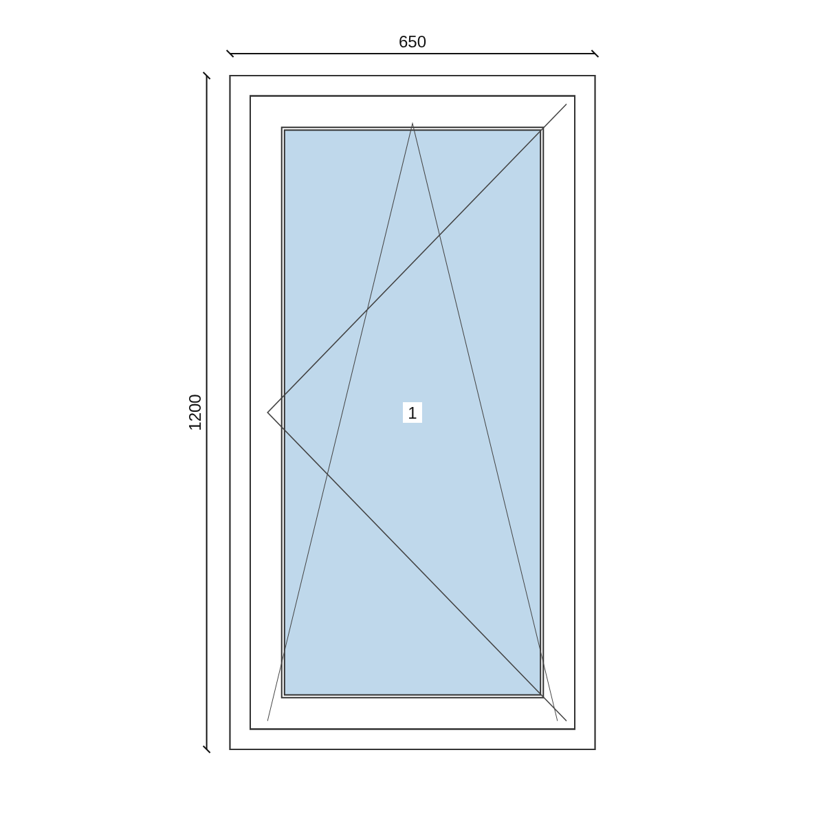 Serramento in PVC 650 × 1200 mm, disegno della configurazione